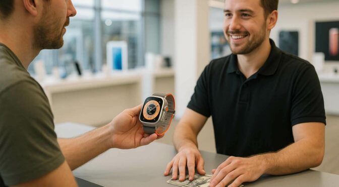 Apple Watch Ultra 現場估價，顧客交機、店員準備疊放現金