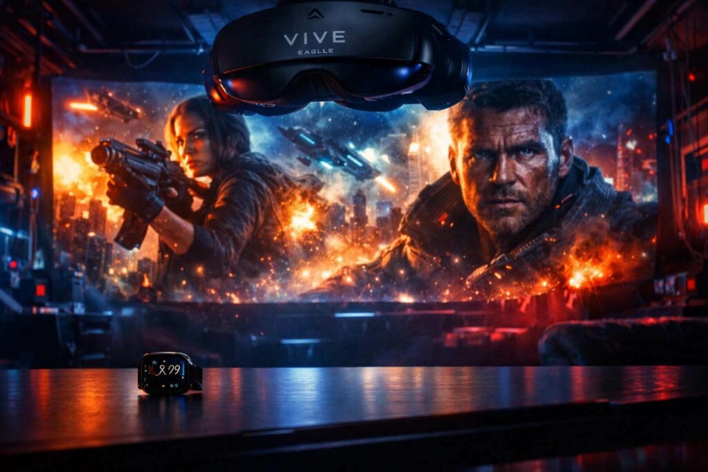 舊款 Apple Watch 螢幕與 HTC VIVE Eagle 4K 巨幕視覺對比